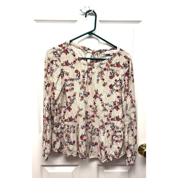 Loft Cream Blouse, Pink Green Floral, Peplum, Smocked Cuffs, Size S - Picture 1 of 5